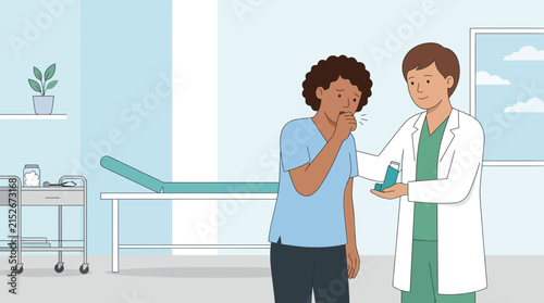 Doctor gives asthma inhaler to coughing patient in medical room