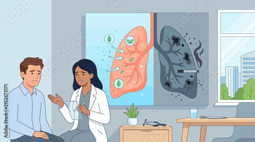 Doctor showing patient lungs affected by smoking vs. healthy lungs