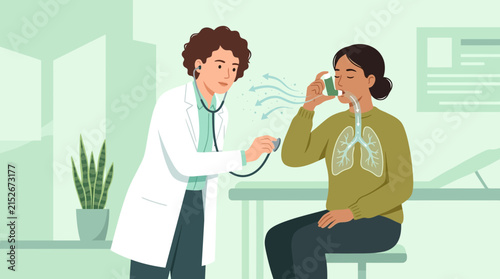 Doctor helps patient with asthma inhaler, lung illustration