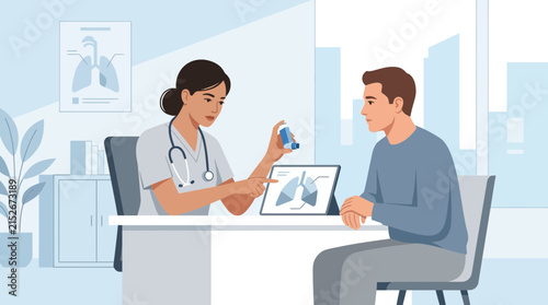 Doctor shows patient inhaler and lung diagram on tablet