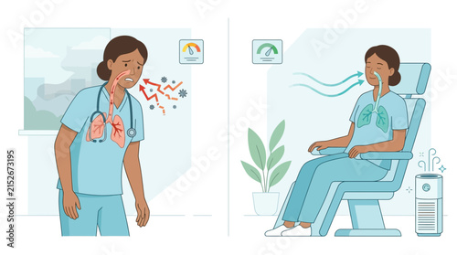 Healthcare worker breathing clean air from air purifier vs polluted air