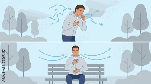 Man breathing deeply, stress relief, calm park, anxiety management