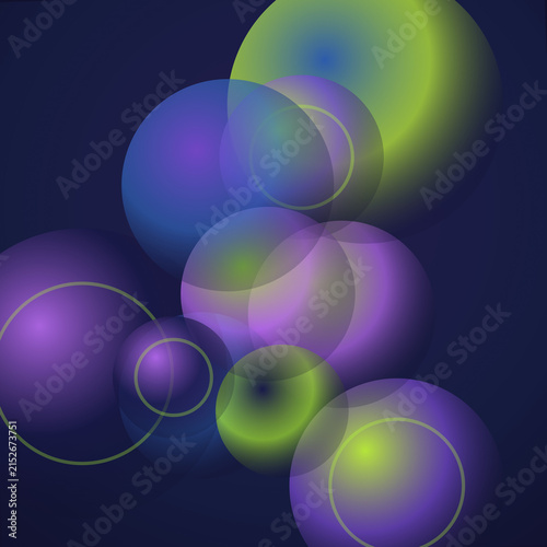 Deep purple and lime green abstract spheres with glowing light and circular overlays