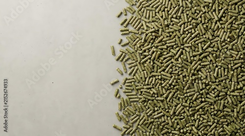 A high-angle close-up view of organic alfalfa pellet scattered on a clean white surface representing livestock feed nutrition for sustainable farming