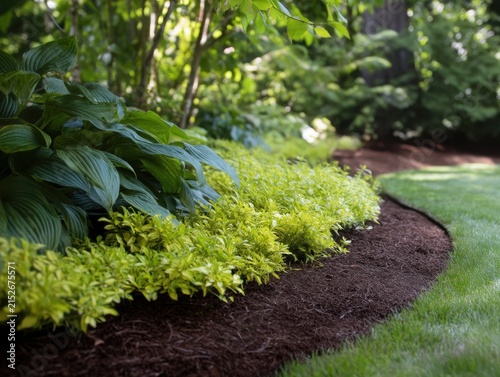 Garden Bed with Green Plants and Black Mulch beside Lawn Turf