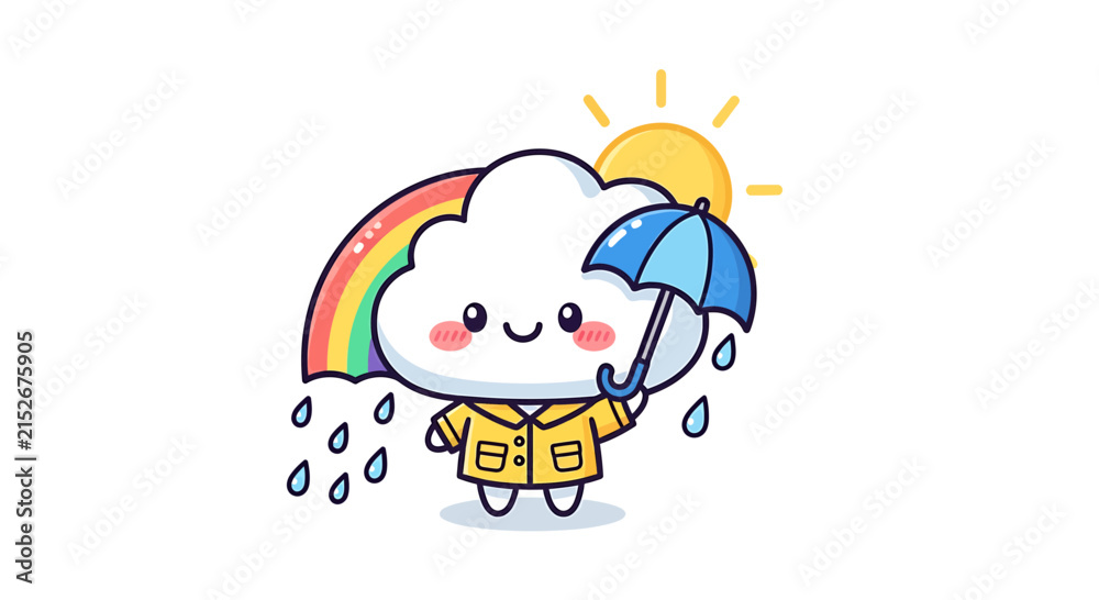 Fototapeta premium Cute Cartoon Cloud Character with Umbrella, Rainbow, and Sun