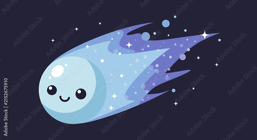 Naklejka premium Cute Cartoon Comet with Happy Face Flying Through Starry Night Sky