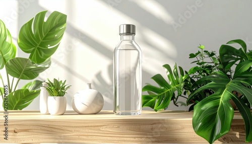 Clear Glass Water Bottle on Wooden Shelf with Tropical Plants.