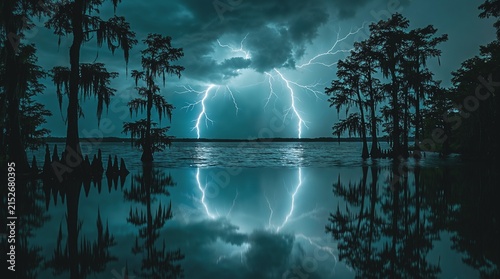 Lightning Storm Lake Seminole Florida Georgia Border Night Dark Reflection USA Landscape