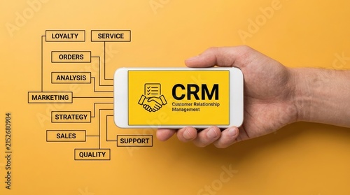 Hand holding smartphone displaying crm customer relationship management concept diagram against a solid yellow background surface