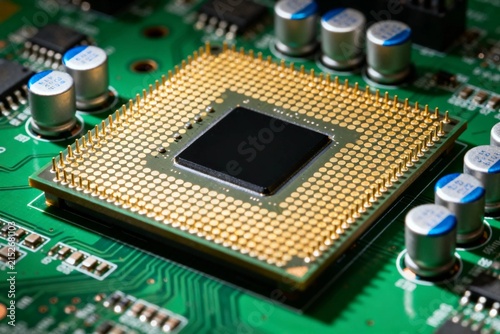 CPU Processor on Green Circuit Board Close-Up