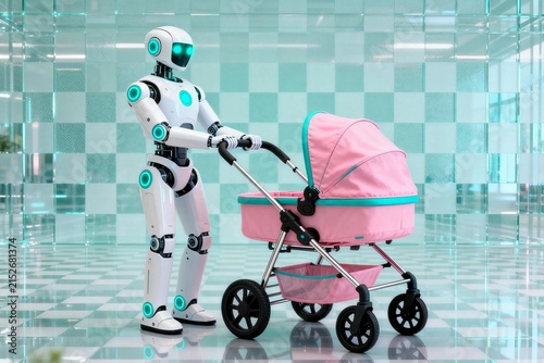 Robot Pushing Pink Baby Stroller on Turquoise Background