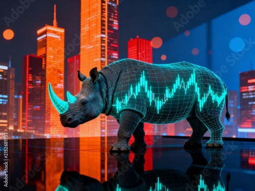 Bull Rhinoceros with Stock Chart and City Skyline