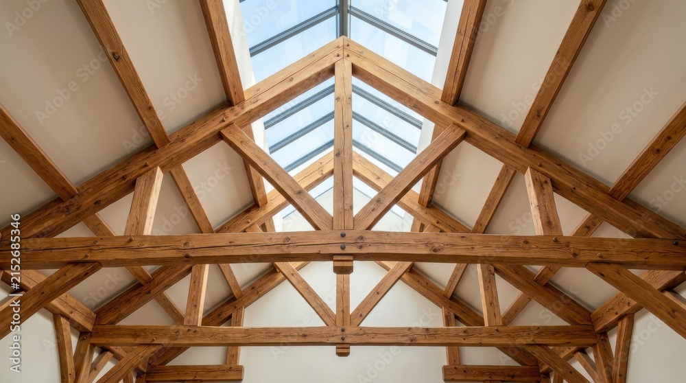 Fototapeta premium Exposed timber frame ceiling with striking wooden beams and glass skylight, showcasing rustic architectural construction and natural light.