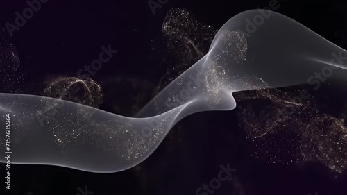 Golden glowing particle wave on black background.