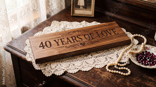 Wooden 40 years of love plaque for a 40th wedding anniversary with pearls