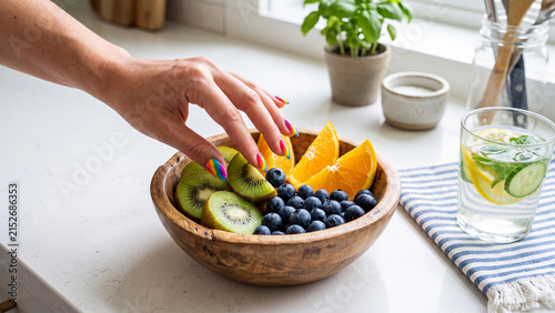 Woman with rainbow nails holding a wooden bowl of fresh fruit salad