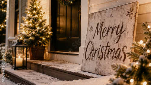Merry Christmas Sign on Snowy Front Porch with Festive Lights and Christmas Tree