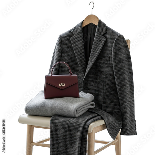 Elegant Woman's Outfit: Blazer, Scarf, Pants, and Handbag Isolated
