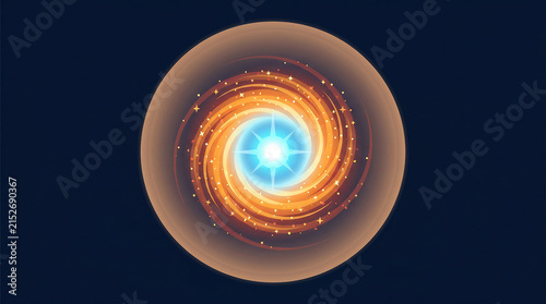 Spiral Galaxy with Glowing Core and Golden Dust Clouds in Dark Universe