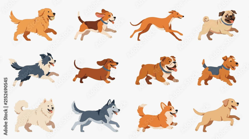 Obraz premium Illustration of twelve diverse dog breeds running in profile on a white background, featuring a Golden Retriever, Beagle, Greyhound, Pug, Bulldog, Corgi, and Husky in a flat vector style.