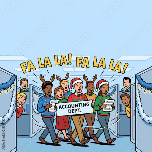 Vector illustration of a diverse accounting team singing corporate Christmas carols to spread festive fun and teamwork in the office
