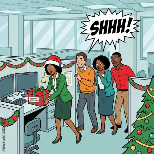Vector illustration capturing relatable humor and office dynamics as diverse coworkers sneak behind a woman placing a secret santa gift