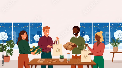 Vector illustration of a diverse group having a sustainable zero-waste secret santa gift swap indoors on a snowy winter night