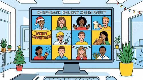 Vector illustration of a corporate holiday video call party on a computer monitor showcasing remote work connection and diverse coworkers