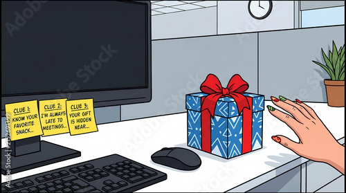Vector illustration of a hand reaching for a Secret Santa gift box on an office desk with clue sticky notes on a computer screen
