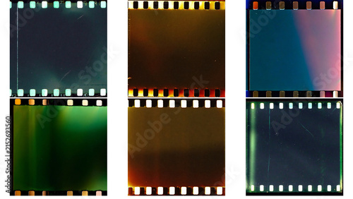Vintage film strip frames with light leaks, retro 35mm negative borders set, analog photography textures for photo overlays
