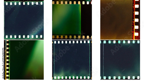 Vintage film strip frames with light leaks, retro 35mm camera negative borders, analog photography textures for design overlays
