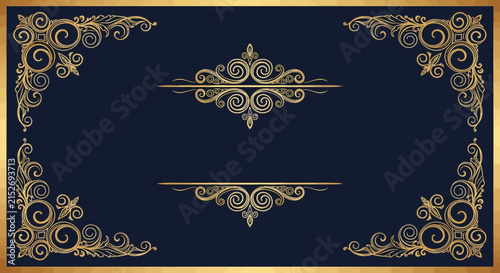 Ornate Gold Swirl Flourish Border Design with Dark Blue Background