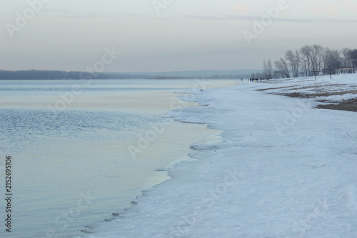 Early spring evening on the Volga river coast. Samara, Russia.