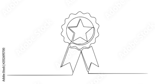 Continuous line drawing of a star award ribbon, isolated on white background