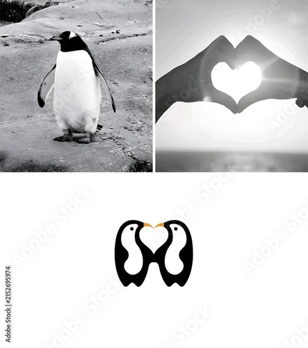 Cute penguin standing on snow with heart-shaped hands silhouette