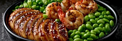 Obraz  z motywem Close up of a healthy bowl with grilled chicken, shrimp, and edamame