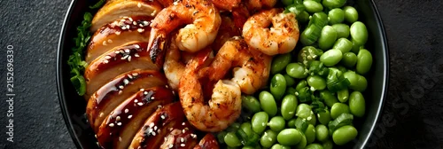 Obraz  z motywem Delicious teriyaki chicken and shrimp with edamame and sesame seeds in a black bowl