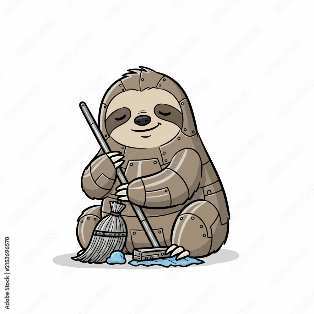 Obraz premium Illustration depicts a stylized robot sloth character sitting on the ground, contentedly mopping a small puddle of water with a broom, showcasing a metallic, riveted body texture on a plain.