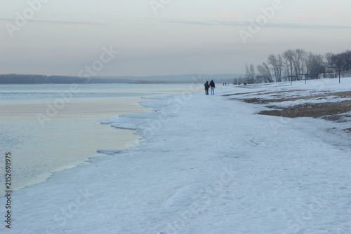 Early spring evening on the Volga river coast. Samara, Russia.