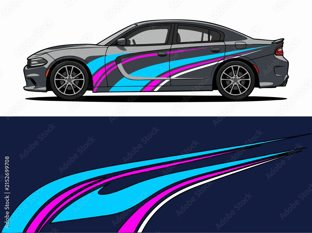 Naklejka premium Gray Sports Car with Colorful Motion Graphics Wrap