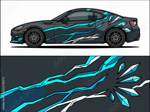 Sporty car with geometric blue and white wrap design