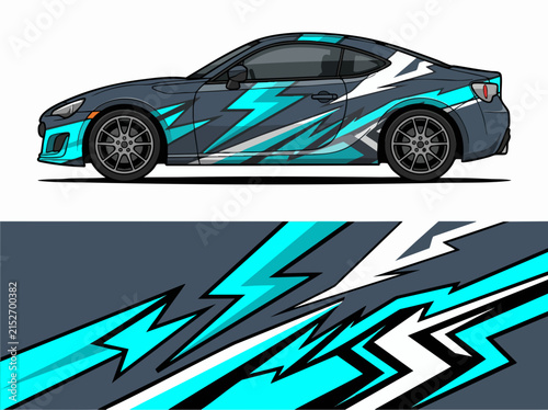 Sporty car with lightning bolt decal wrap design