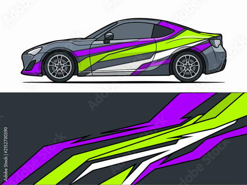 Sporty car with neon green and purple racing stripes
