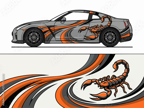 Sporty car with scorpion decal on racing track