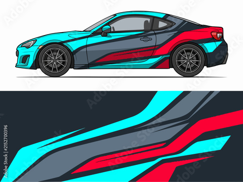 Sporty car with vibrant blue red and gray design wrap