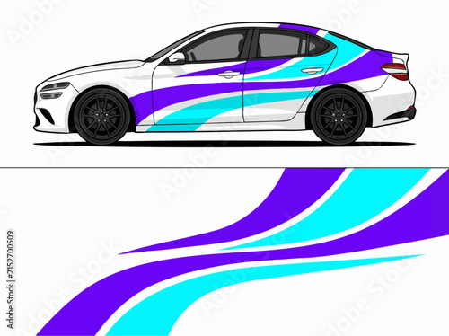 White sports car with colorful wave design wrap