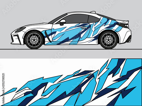White sports car with geometric blue racing decal wrap