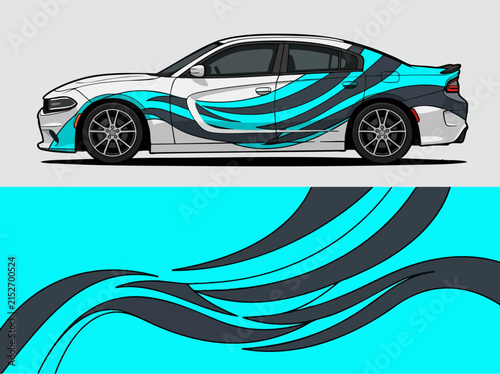 White sports car with blue wave graphics design