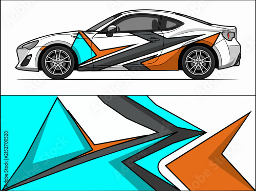 White sports car with geometric racing decal design